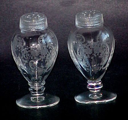 Fostoria #2375 Fairfax Shaker Set w/ #328 Meadow Rose Etch