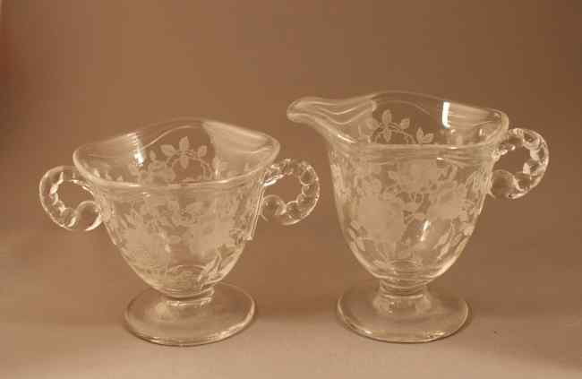 Fostoria #2560 Coronet Creamer & Sugar w/ #333 Willowmere Etch