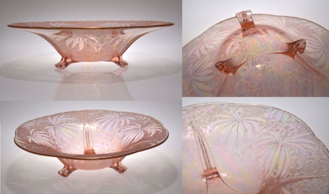 Fostoria #2394 Three-Toed Bowl w/ Palm Leaf Brocade