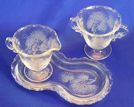 Fostoria # 630 Century Cream and Sugar Tray Set with #7  Milkweed Crystal Print