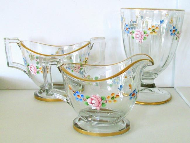 Heisey #1186 Yeoman Oval Hotel Creamer & Sugar w/ Unknown Decoration