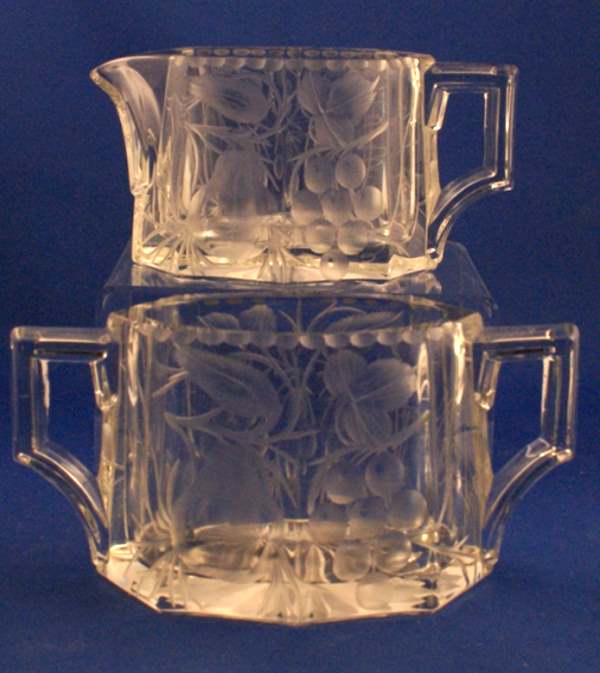 Heisey Flat Panel Cream & Sugar w/ Intaglio Fruits Cut