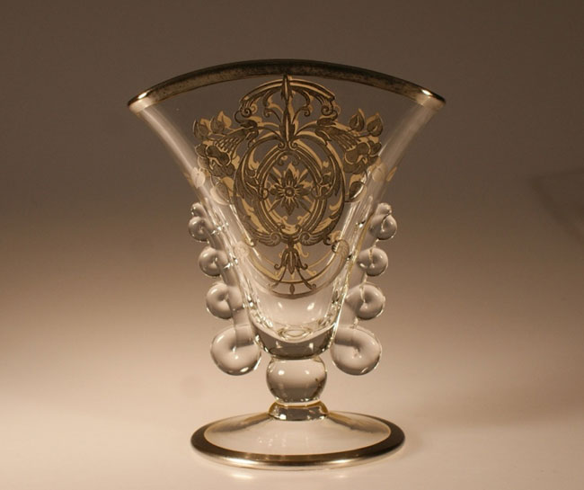 Heisey #1540 Lariat Footed Fan Vase w/ Unknown Silver Overlay