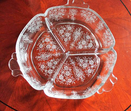 Heisey #1401 Empress Triplex Relish w/ #501 Belle-le-Rose Etch