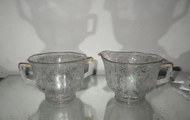 Imperial # 725 Molly Cream & Sugar w/ Unknown Daffodil Brocade Etch