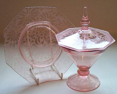 McKee Octagon Compote and Plate with Brocade Etch