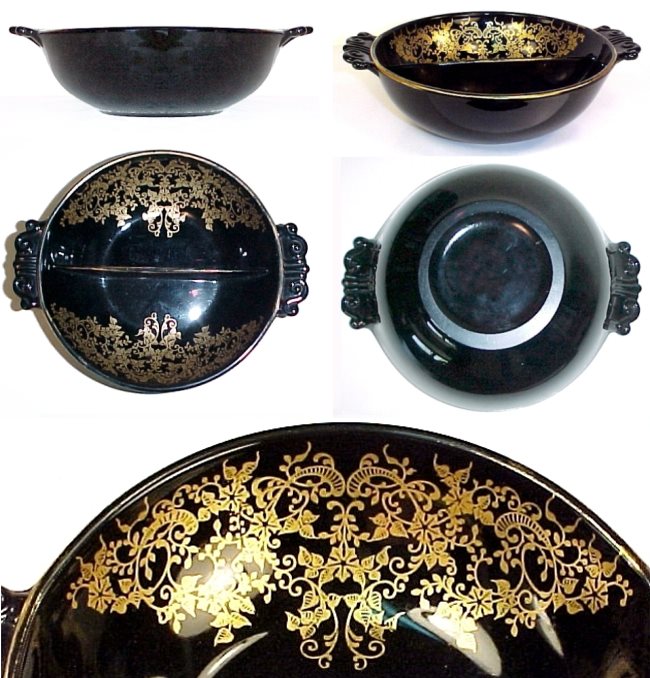 Paden City #1503 "Trance" Handled Relish w/ Gold Decoration