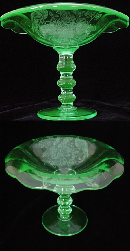 Paden City # 300 Archaic Compote w/ Peacock & Rose Etch