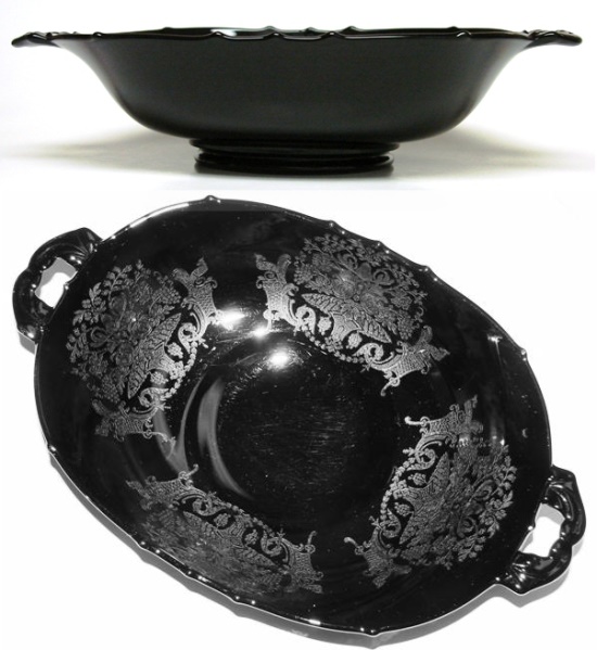 Paden City # 411 Mrs. B Ebony Bowl w/ Gothic Garden Etch