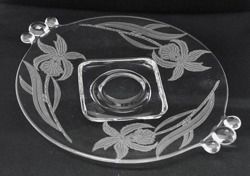 Paden City # 444 Vale Handled Plate  w/ Baby Orchid Etch