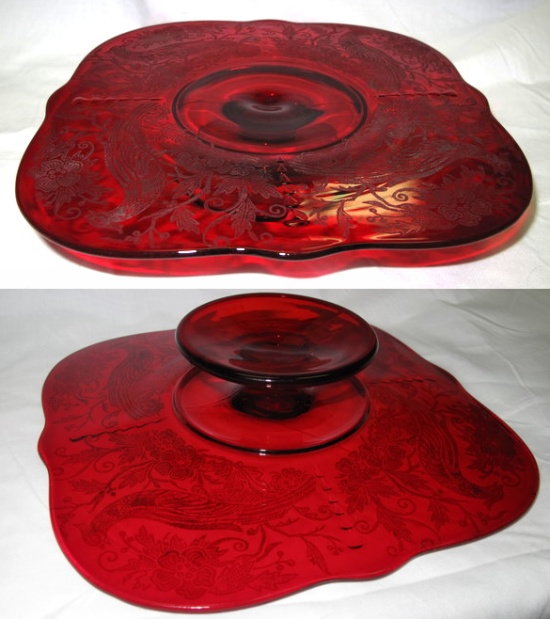 Paden City # 412 Crow's Foot Square Cake Plate w/ Peacock Reverse Etch