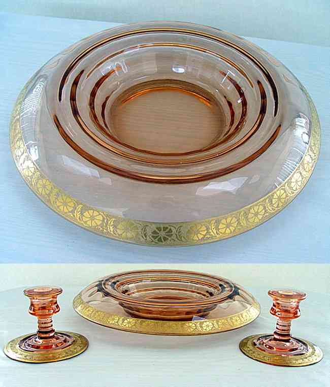 Paden City # 191 Party Line Console Bowl & # 192 Candlesticks w/ Gold Encrusted Cosmos Etch