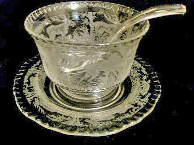 Paden City # 881 Gadroon Mayonnaise, Liner, & Ladle w/ Black Forest Etch