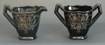 Paden City # 411 Mrs. B Cream & Sugar w/ Unknown Silver Overlay