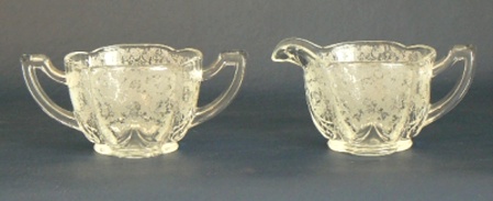 Paden City # 890 Crow's Foot Cream & Sugar w/ Bridal Wreath Etch