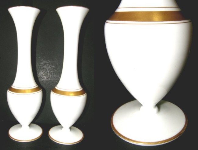 Tiffin # 9727 Opal Urn Vases w/ Gold Decoration