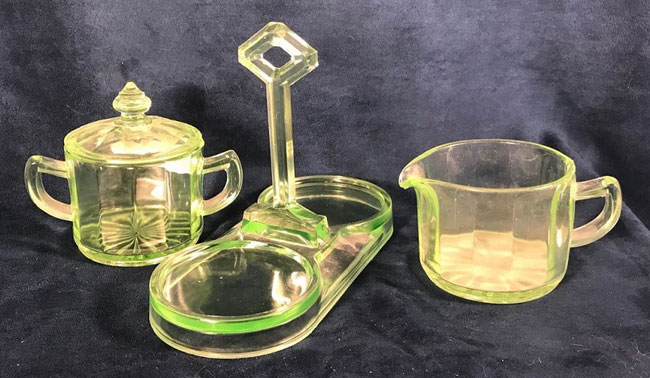 U. S. Glass Creamer, Sugar and Center Handled Tray