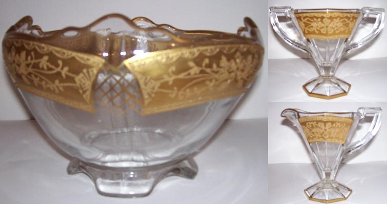 Indiana "Deco Flower" Etch on #602.5 Bowl and # 257 Creamer & Sugar