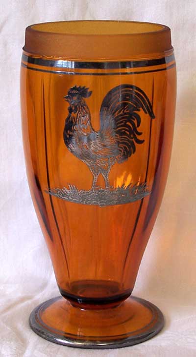 Unknown Rooster Silver Overlay on Cambridge # 525 Cocktail Shaker