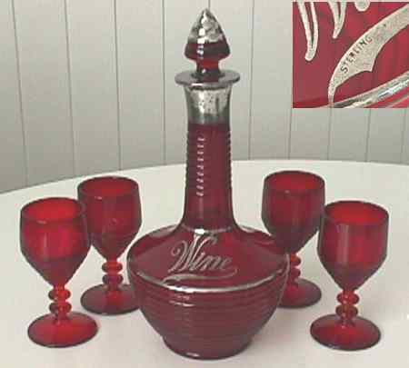 Paden City # 991 Penny Line Decanter Set with Unknown Silver Decoration