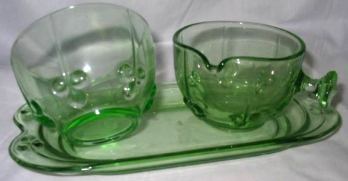 Glass Export Cream, Sugar & Tray w/ Clover Pattern