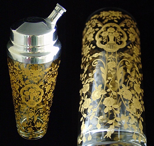Unknown Cocktail Shaker w/ Lotus # 906 Bridal Bouquet Etch
