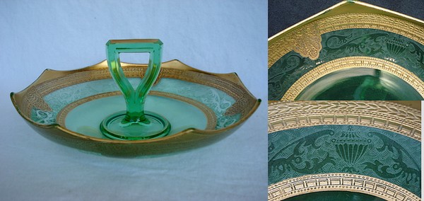 Central #1435 Center Handled Bowl w/ Lotus Plantangonet Etch