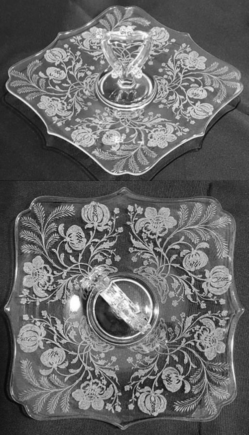Liberty Works "Notched Square" Center Handled Server w/ Unknown Floral Etch