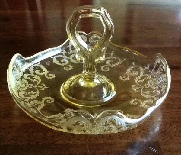 New Martinsville #  35 Fancy Squares Center Handle Nut Bowl