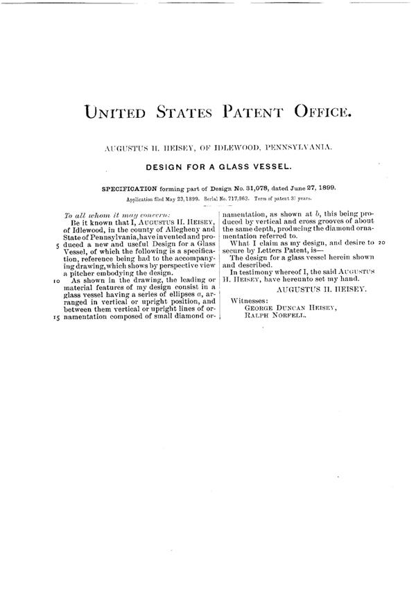 Heisey # 305 Punty & Diamond Point Jug Design Patent D 31078-2