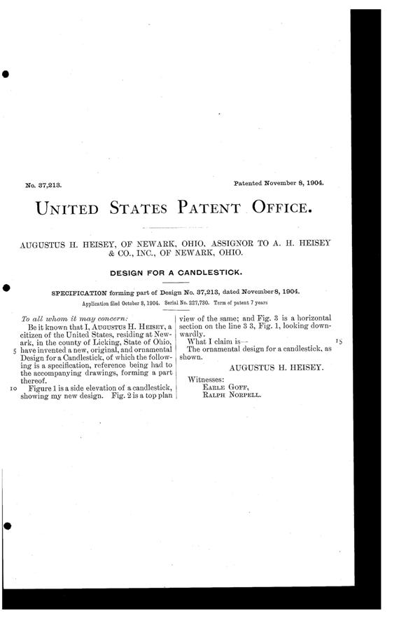 Heisey #   5 Patrician Candlestick Design Patent D 37213-2