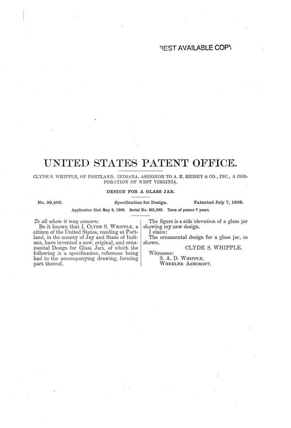 Heisey # 352 Flat Panel Jar Design Patent D 39403-2