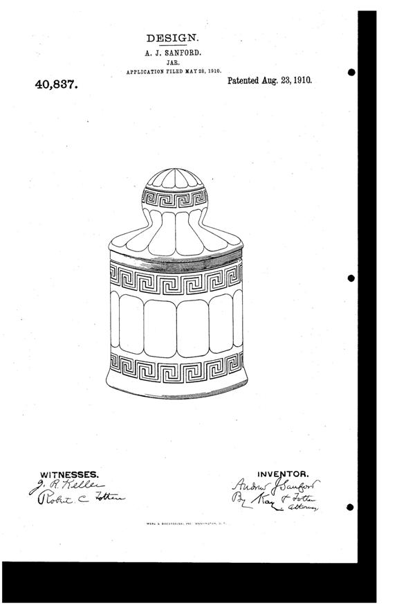 Heisey # 433 Grecian Border Jar Design Patent D 40837-1