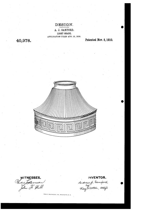Heisey # 433 Grecian Border Light Fixture Shade Design Patent D 40978-1