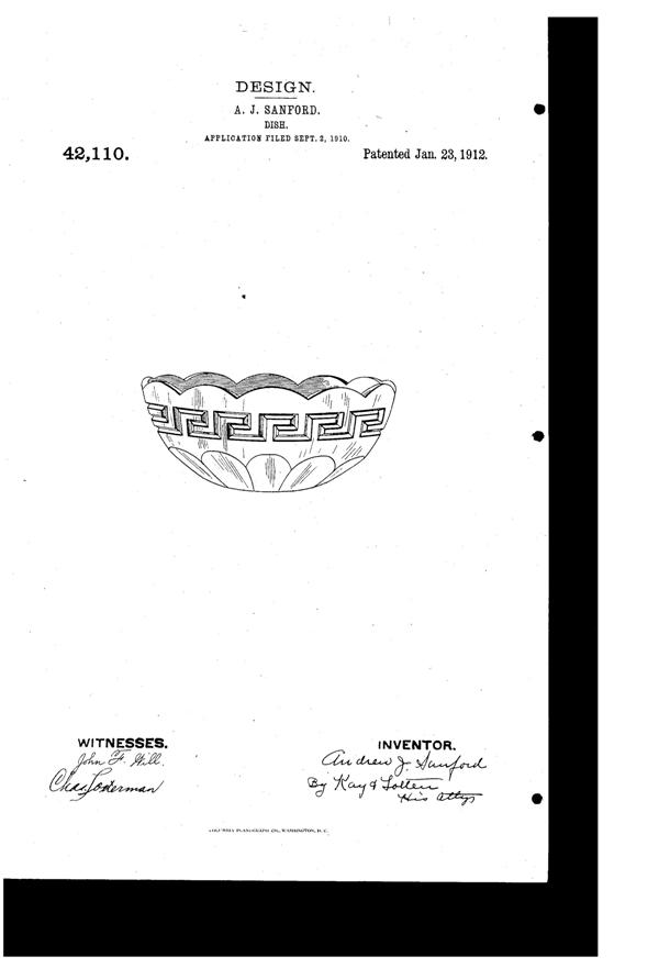 Heisey # 433 Grecian Border Bowl Design Patent D 42110-1