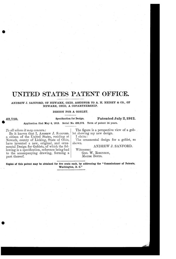 Heisey # 373 Colonial Goblet Design Patent D 42710-2