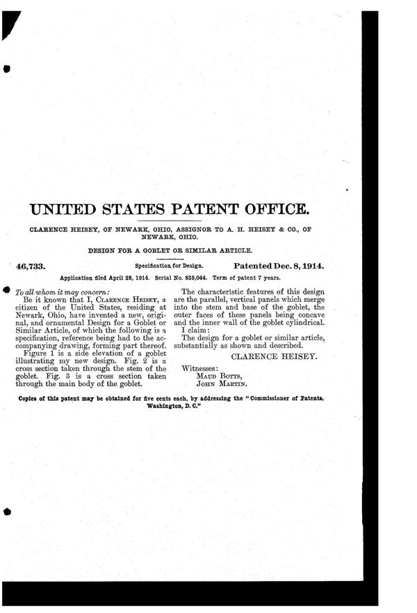 Heisey # 393 Narrow Flute Footed Tumbler Design Patent D 46733-2