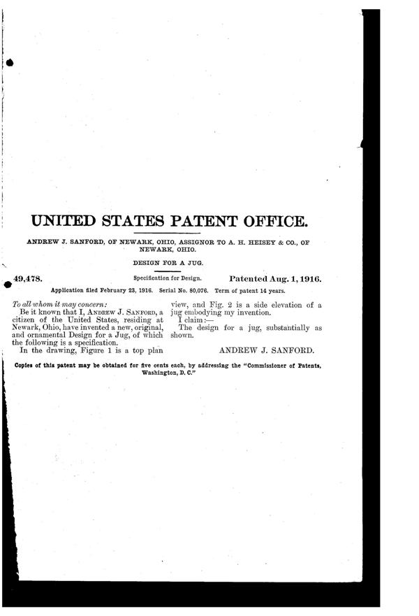 Heisey # 477 Heisey Hairpin Jug Design Patent D 49478-2