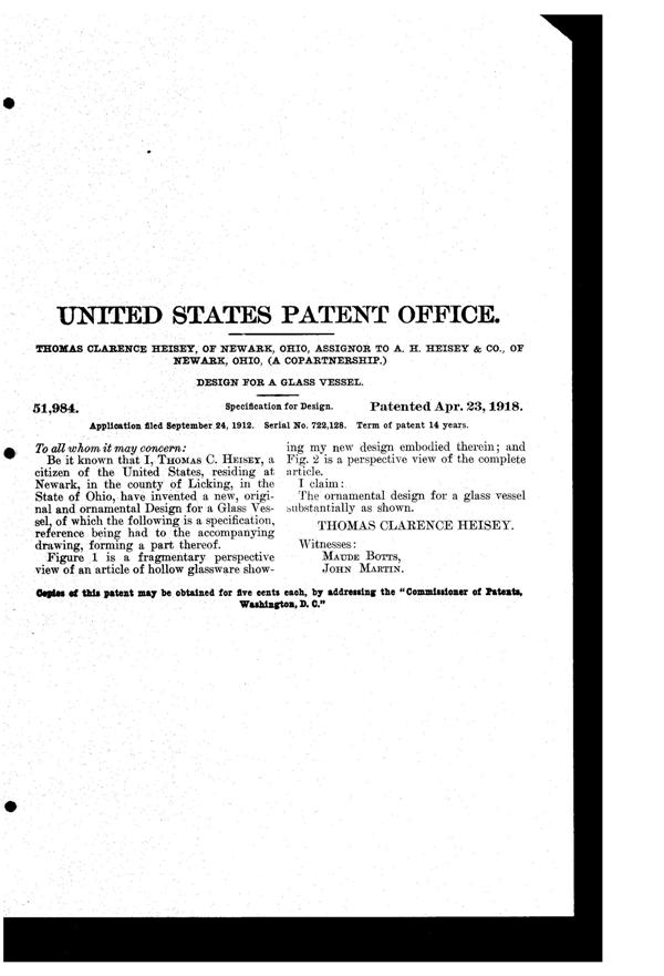Heisey # 438 Spiral Optic Goblet Design Patent D 51984-2