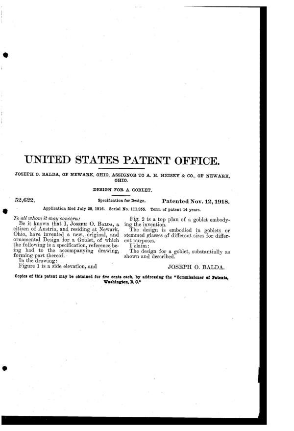 Heisey #3301 Clarence, #3313 Budapest, & 3315 Polonaise Goblet Design Patent D 52622-2
