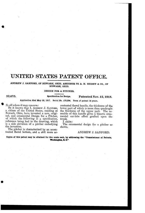 Heisey # 363 Jug Design Patent D 52675-2