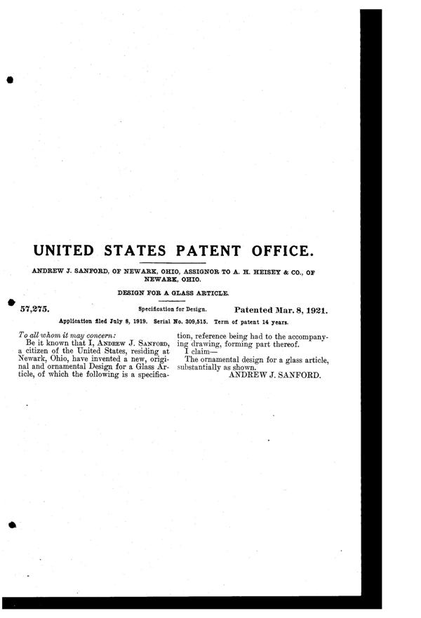 Heisey #1183 Revere Candy Jar Design Patent D 57275-2