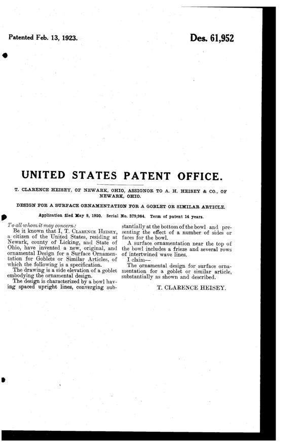Heisey #  46 Weaver's Stripe Etch on #3311 Velvedere Goblet Design Patent D 61952-2
