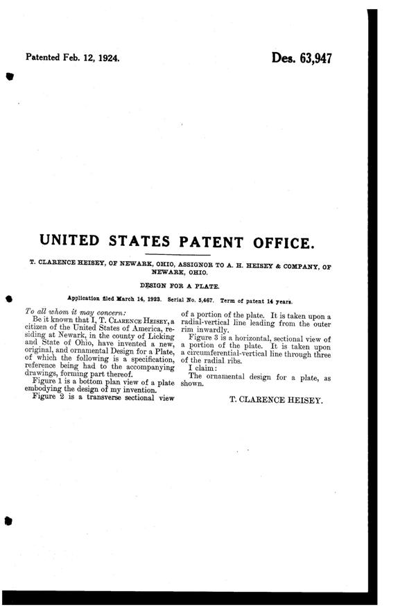 Heisey # 411 Tudor Plate Design Patent D 63947-2