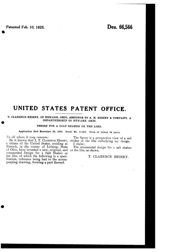 Heisey #  46 Cheshire Shaker Design Patent D 66566-2