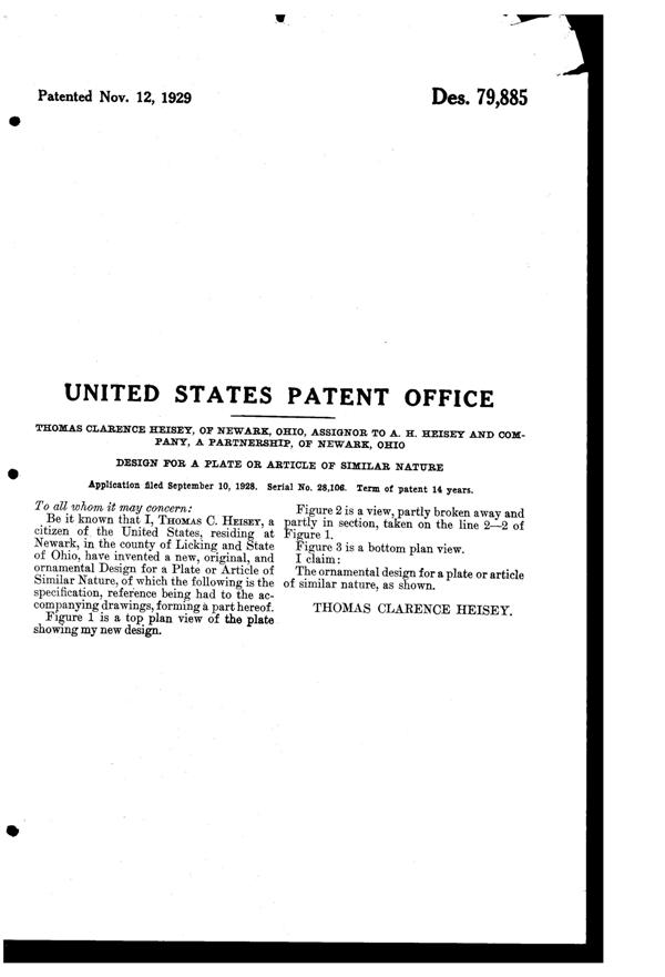 Heisey #1252 Twist Plate Design Patent D 79885-3