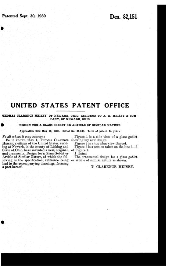 Heisey #3381 Creole Goblet Design Patent D 82151-2