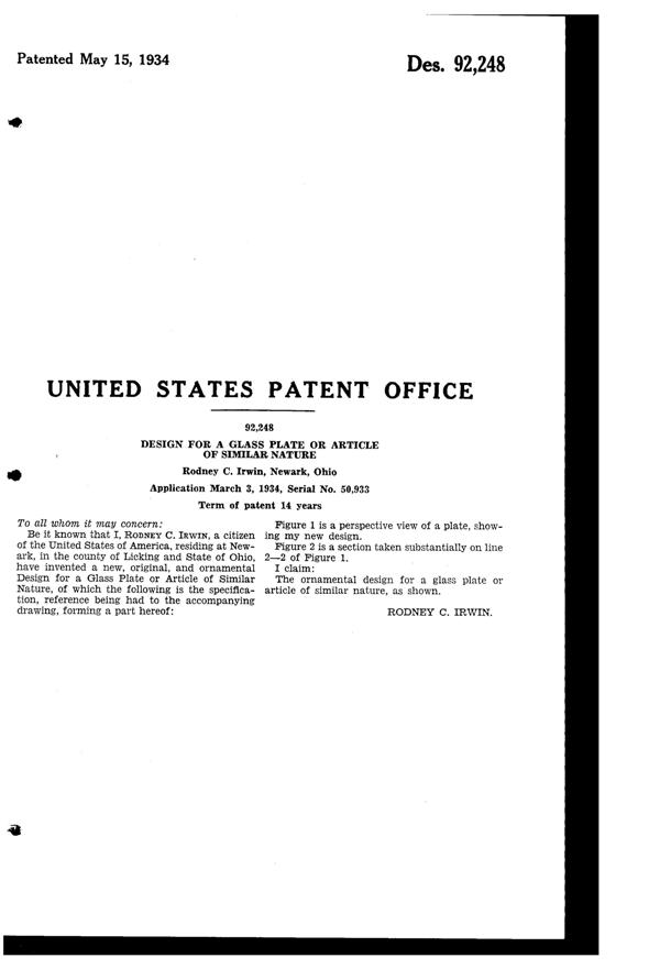 Heisey #4044 New Era Plate Design Patent D 92248-2