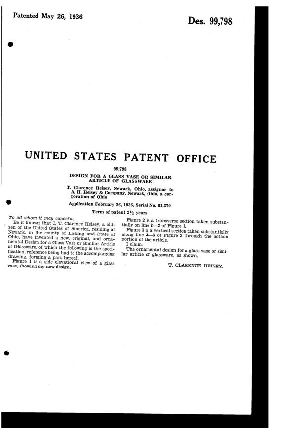 Heisey #1469 Ridgeleigh Vase Design Patent D 99798-2