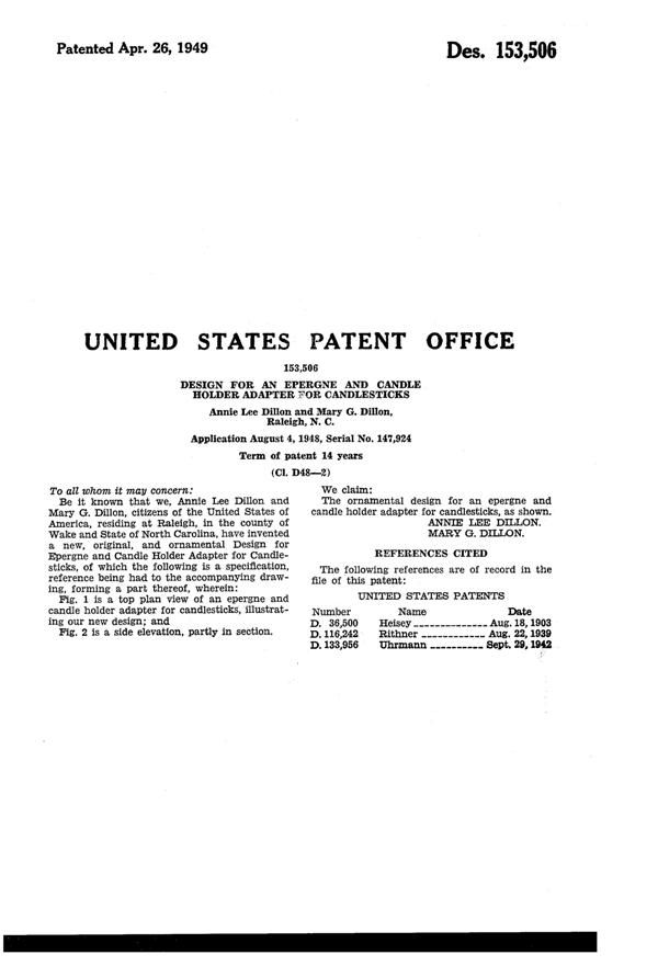Heisey # 341 Old Williamsburg Epergne Adapter Design Patent D153506-2
